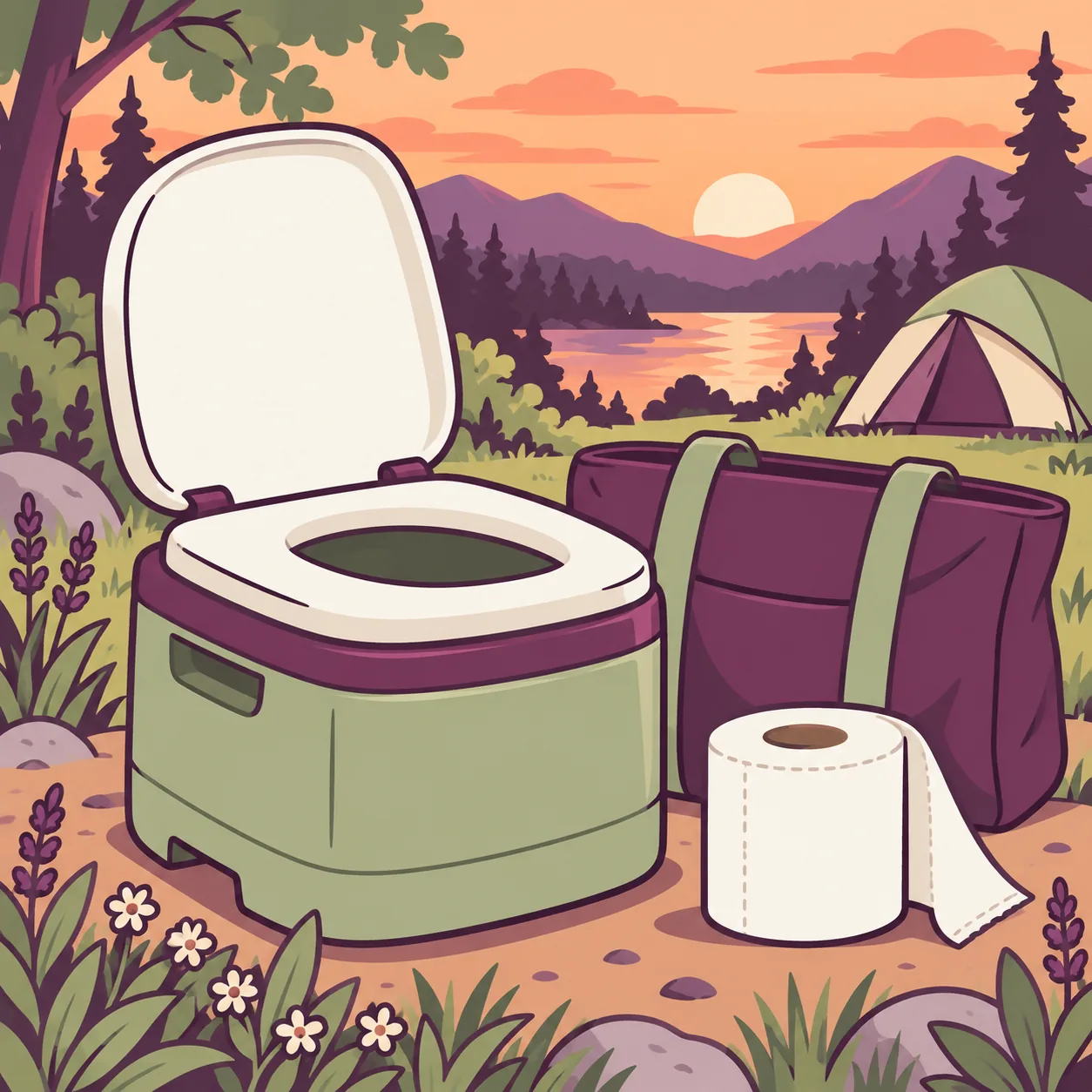 Original illustration of a generic portable toilet, carry bag and paper roll ready for a camping trip