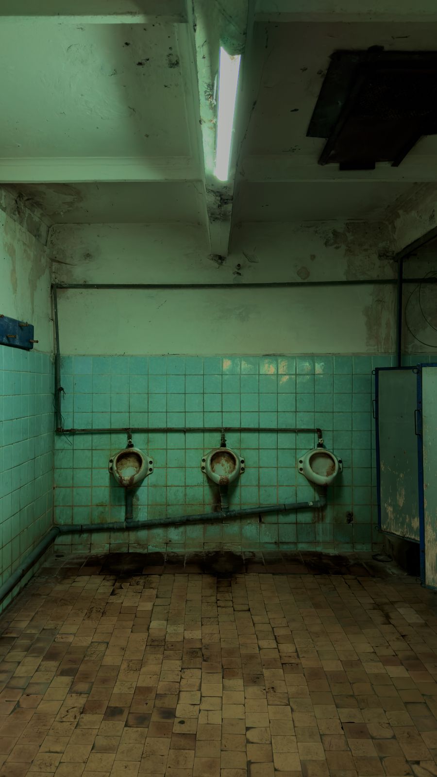 Worn industrial restroom with urinals used to illustrate a deliberately bad fictional listing